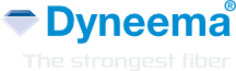 Лого на Dyneema с икона със син стилизиран диамант. Текстът гласи „Dyneema“ с удебелени сини букви, последван от „Най-здравото влакно“ в светлосиво отдолу.