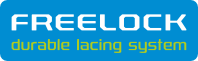 Синьо правоъгълно лого с бял текст „FREELOCK“ над жълт текст „издръжлива система за връзки.