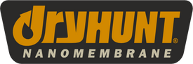 Лого на "Dryhunt" с водна капка, интегрирана в "D." По-долу, с по-малък шрифт, е думата „Наномембрана“. Текстът е в оранжево на тъмен фон.