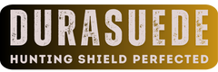 Удебелен текст, който чете „DURASUEDE“ с изветряла текстура над по-малък текст „HUNTING SHIELD PERFECTED“ на градиентен кафяв и черен фон.