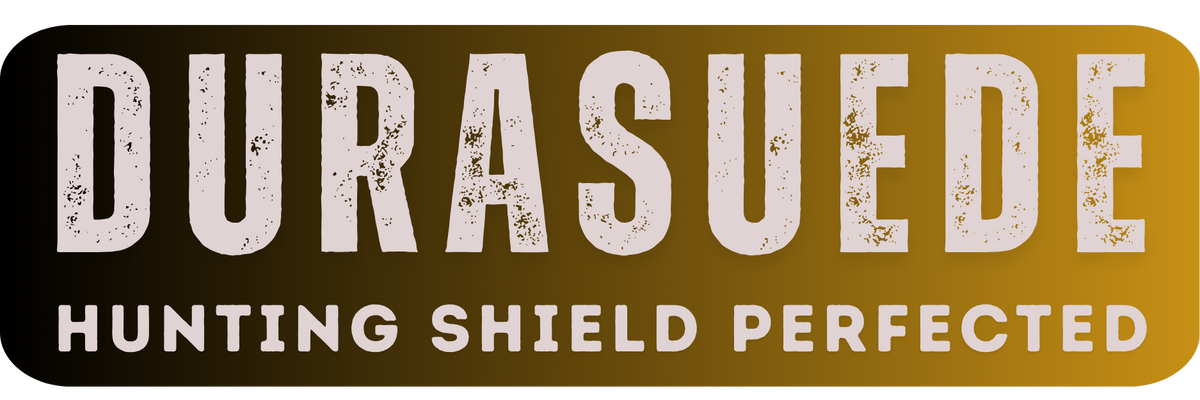 Удебелен текст, който чете „DURASUEDE“ с изветряла текстура над по-малък текст „HUNTING SHIELD PERFECTED“ на градиентен кафяв и черен фон.
