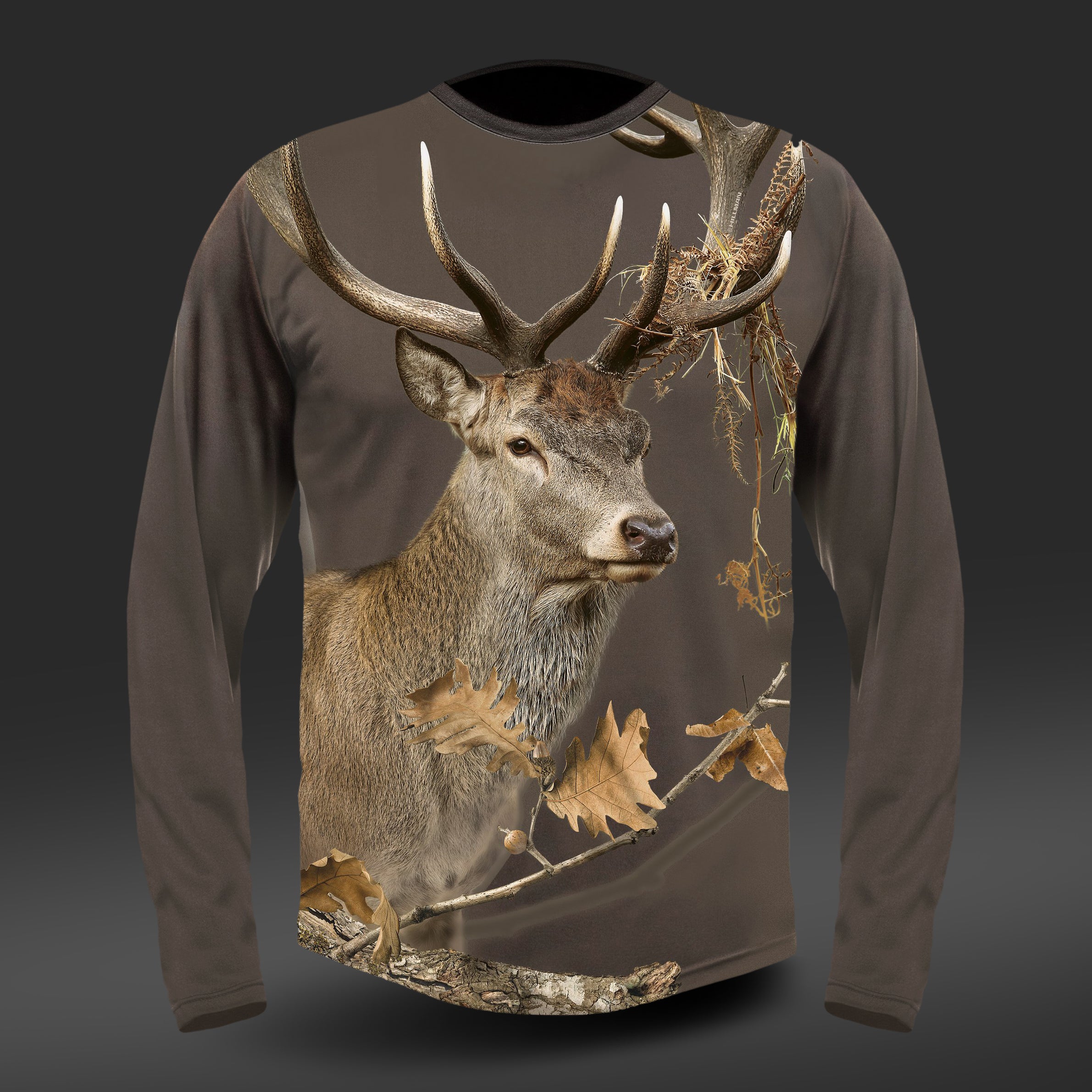 The Hillman Памучна Тениска DGT Благороден Елен Дълъг Ръкав showcases a realistic deer with large antlers, digital print of autumn leaves and branches on a woodland scene against a dark gradient.